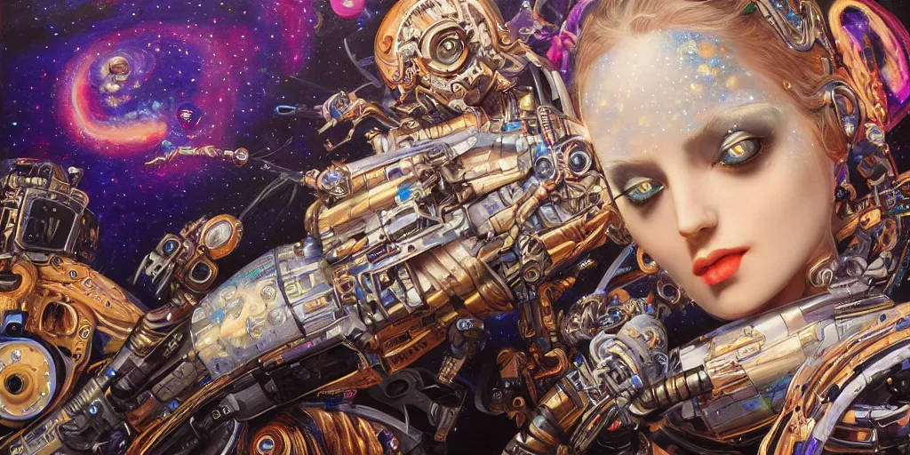 Image similar to a female robotic ai, she is painting cosmic art onto a canvas, insanely detailed and intricate, hypermaximalist, elegant, ornate, hyper realistic, super detailed, Art Deco, cinematic, trending on artstation, magic the gathering artwork, centered