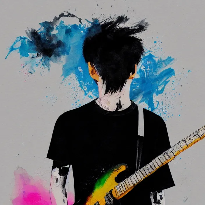 Prompt: a young korean man wearing black t shirt plays electric guitar on stage, dramatic lighting, matte colors, thought provoking, by conrad roset, dramatic abstract brush painting, trending on artstation