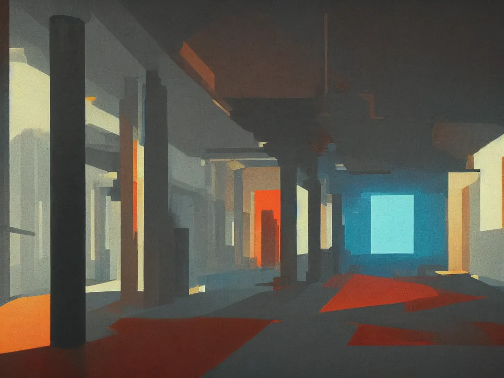 Image similar to primal colors minimalist industrial interior hallway with monolithic pillars in the style of ridley scott and stanley kubrick, impossible stijl architecture, science fiction, colorful bright silhouettes in the distance, ultra wide angle view, cinematic, god rays, volumetric lighting, neo tokyo, realistic detailed painting by edward hopper