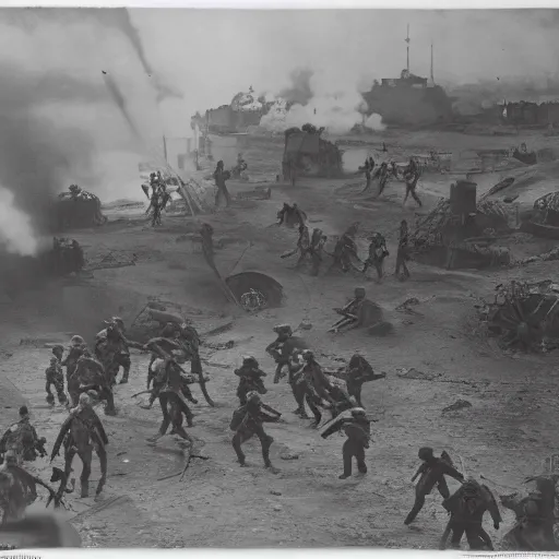 Prompt: martian invasion, world war 1, black and white photograph