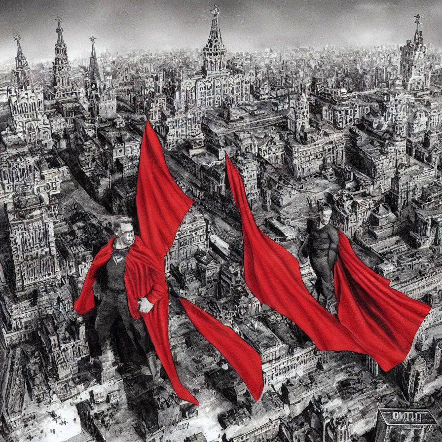 Prompt: epic comic book cover of stalin as superman floating over the red square ( moscow ), red banners, soviet nostalgia, socialist realism, aesthetically pleasing, finely detailed facial features, hyperrealist, intricate digital art, trending artstation, artgem, rich moody colors, fan art, concept art, in the style of the red son, by robert kirkman