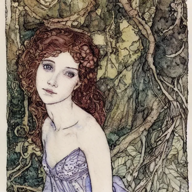 Prompt: a detailed, intricate watercolor and ink portrait illustration with fine lines of young 1 4 year old scarlett johannson looking over her shoulder as a fairytale princess, by arthur rackham and edmund dulac and lisbeth zwerger