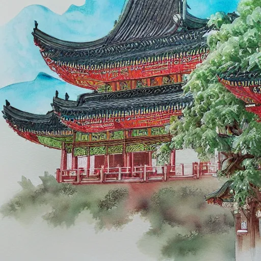 Image similar to water color on paper, imperial jade palace, highly detailed, artstation, masterpiece, award - winning,