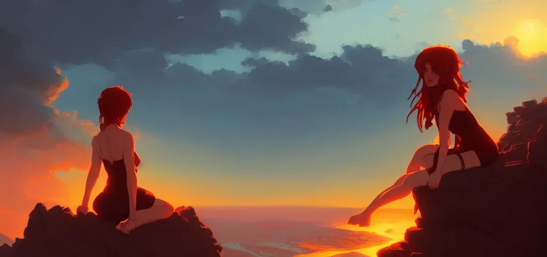 Image similar to a woman sitting on a cliff looking over a burning village, dramatic sunset, by ilya kuvshinov, krenz cushart, Greg Rutkowski, trending on artstation