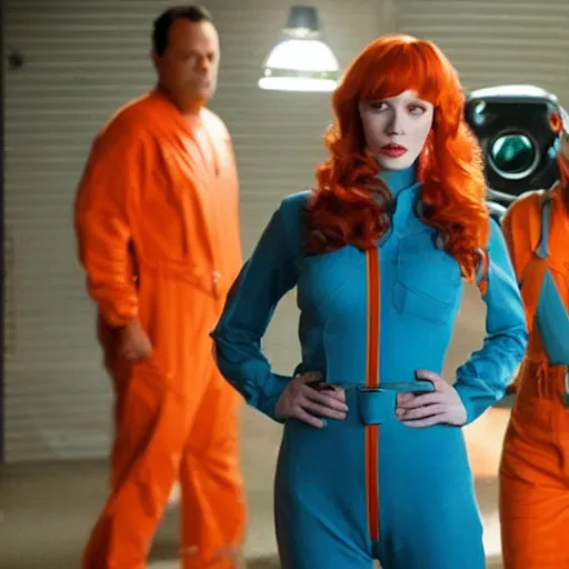 Image similar to vince vaughn as jack fenton, he is wearing an orange coveralls bodysuit with a big sci - fi gun belt, and christina hendricks as maddie fenton, she is wearing a tight teal coveralls bodysuit with a big sci - fi gun belt, movie photo, spooky netflix still shot, they are looking for ghosts