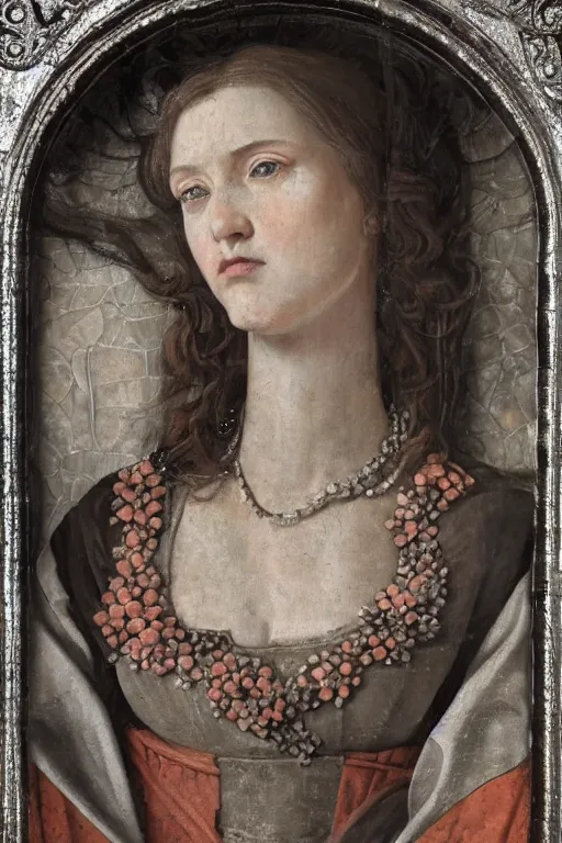 Prompt: hyperrealism close - up mythological portrait of a medieval woman's shattered face partially made of coral flowers in style of classicism, wearing silver silk robe, dark palette