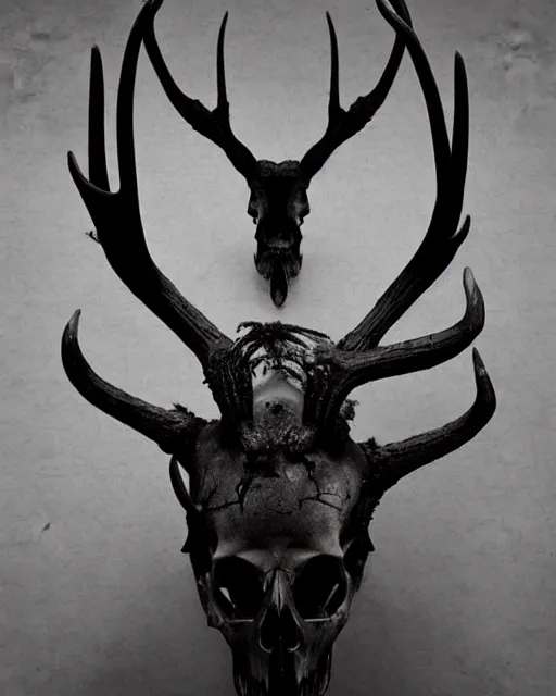 Image similar to deer - skull ghost - spirit of the grim - warpaint wears the scarlet skull armor and native blood headdress antlers, midnight fog - mist!, cinematic lighting, various refining methods, micro macro autofocus, ultra definition, award winning photo, photograph by ghostwave - gammell - giger - shadowlord