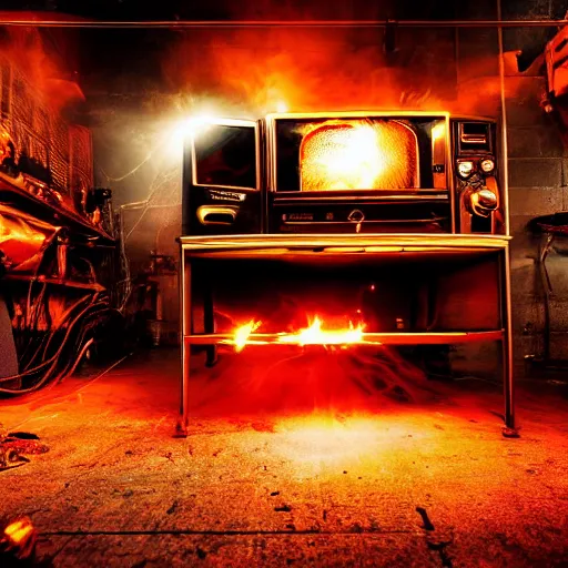 Image similar to toaster oven shangig by metallic cables, symmetry, dark messy smoke - filled cluttered workshop, dark, dramatic lighting, orange tint, sparks, cinematic, highly detailed, sci - fi, futuristic, movie still