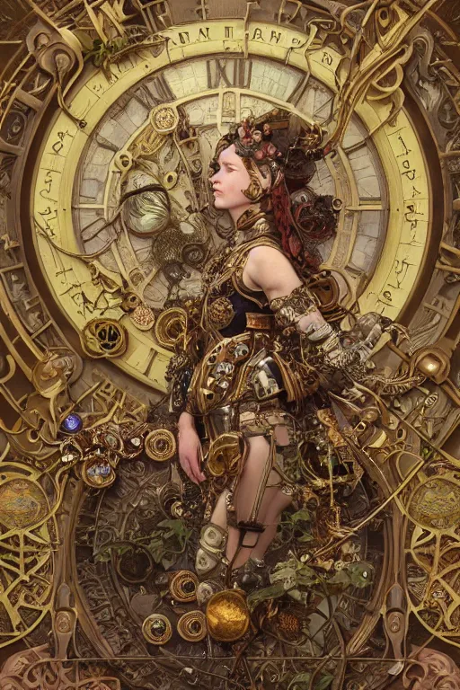 Image similar to beautiful portrait of a steampunk warrior girl wearing a detailed armour of jewels and gold bugs and fantasy beetles , huge mechanical clocks, surrounded by art nouveau mushrooms and vegetation , intricate details, realistic shaded , steampunk, highly detailed, artstation, pretty face, illustration by alphonse mucha and Greg Rutkowski and Ruan Jia, art nouveau, octane render