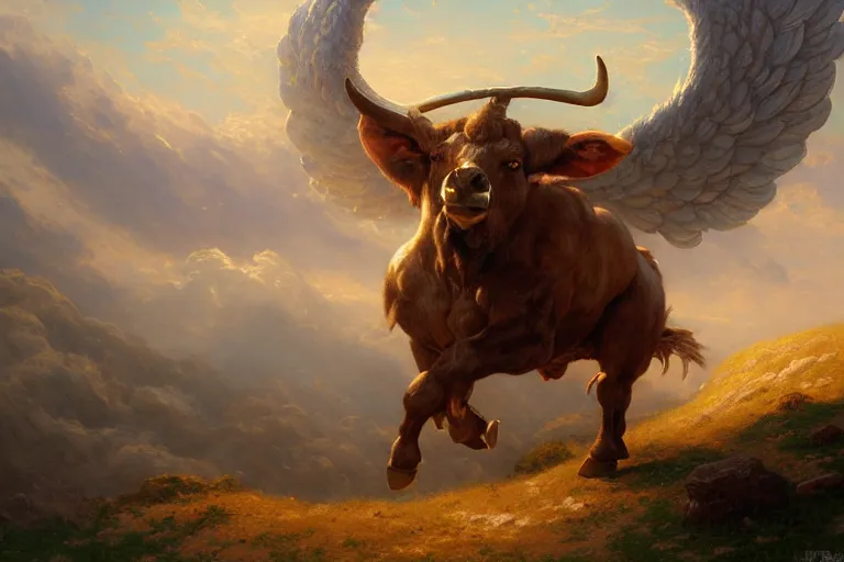 Prompt: a digital painting of a greek myth minotaur with angel wings in a beautiful magical lanscape by greg rutkowski thomas kinkade xuteng pan featuring on artstation award winning matte painting