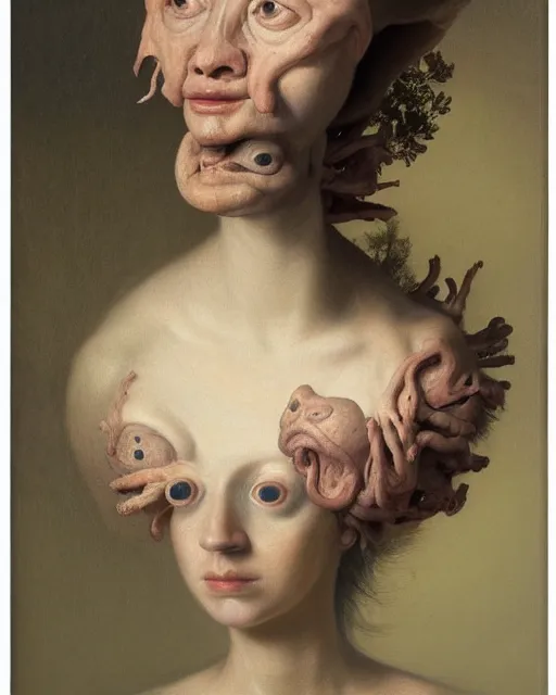 Image similar to strange, looming head, biomorphic painting of a woman with large eyes, pastel colours by, rachel ruysch, and charlie immer, highly detailed, emotionally evoking, head in focus, volumetric lighting, oil painting, timeless disturbing masterpiece