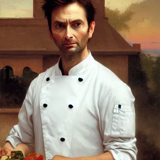 Prompt: David Tennant as a chef, detailed oil painting by Bouguereau