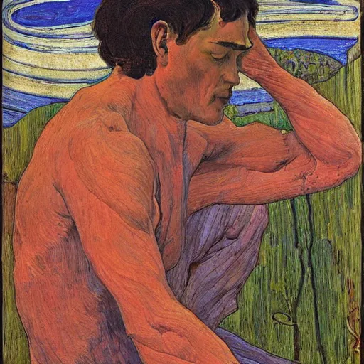 Image similar to by tom thomson, by louis rhead straight surrealism. a art installation of a man with a large head, sitting in a meditative pose. his eyes are closed & he has a serene look on his face. his body is made up of colorful geometric shapes & patterns that twist & turn in different directions.