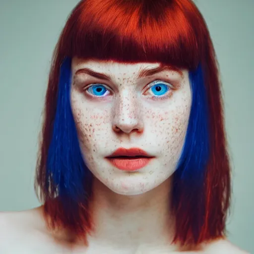 Prompt: close up of face of good looking 1 9 year old pale woman with blue eyes, no makeup, freckles, strong jawline, skinny, short straight orange hair in a bob style, red t shirt, color portrait, flash photography 4 k