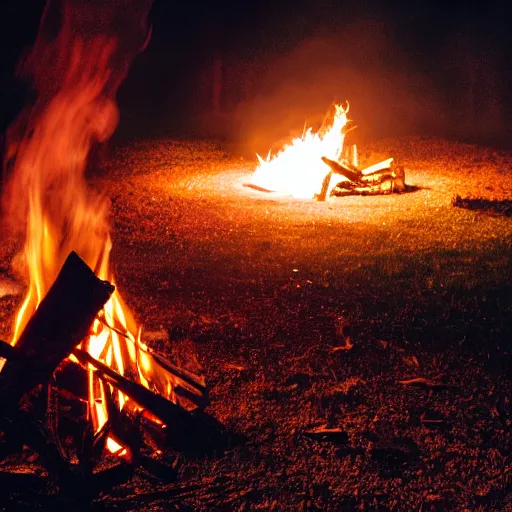 Prompt: a chair burning in a campfire, its night and in the background there is scientist watching blurry by the camera