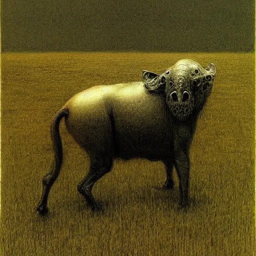 Image similar to A scary animal like creature standing in a lush green field, drawing by Beksinski