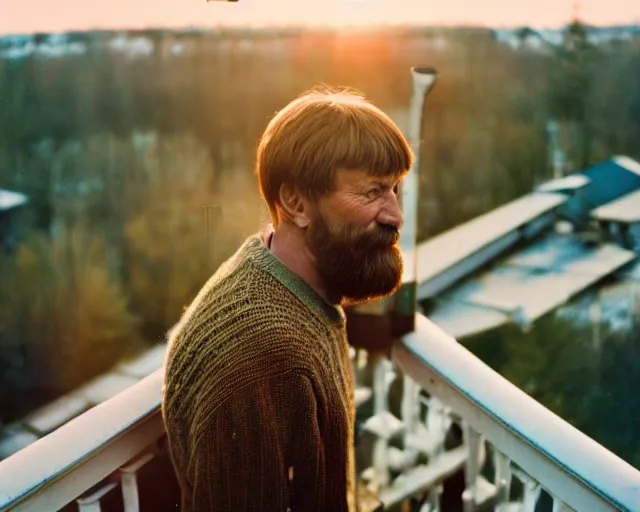 Image similar to lomographic tarkovsky film still of 4 0 years russian man with beard and sweater standing on small hrushevka 9 th floor balcony in taiga looking at sunset, perfect faces, cinestill, bokeh