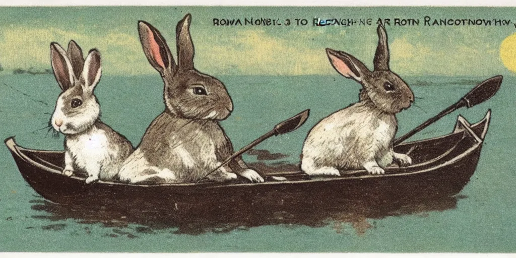 Image similar to a 1 9 1 0 s postcard representing a rabbit in a rowboat