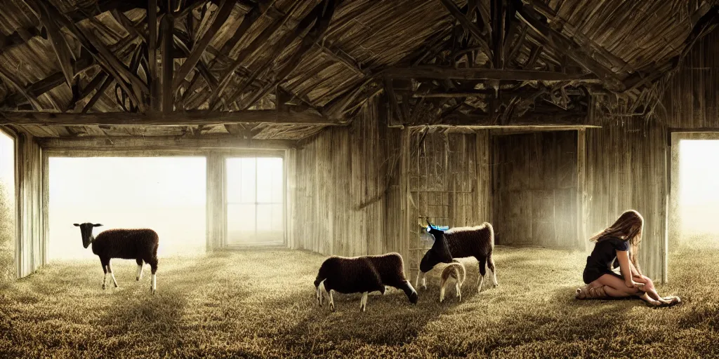 Image similar to insanely detailed wide angle photograph, atmospheric, girl nursing a lamb in a barn, horror, night, shadows, secluded, evil eyes, hay, a cow, windows