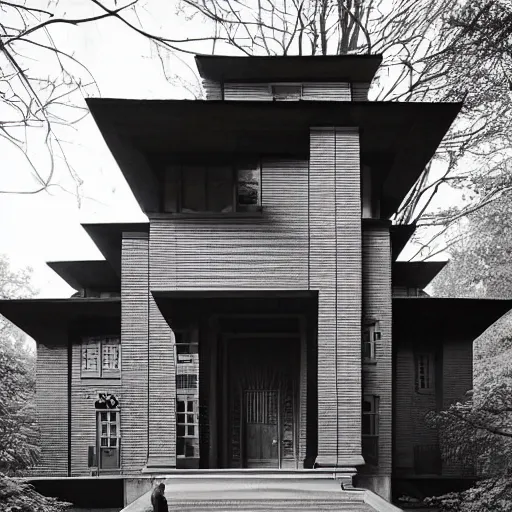 Prompt: Architectural detailed, Zimbel house, dark realistic detailed, classic modern, by Greg Rutkowski + Hiroshi Yoshida + frank lloyd wright