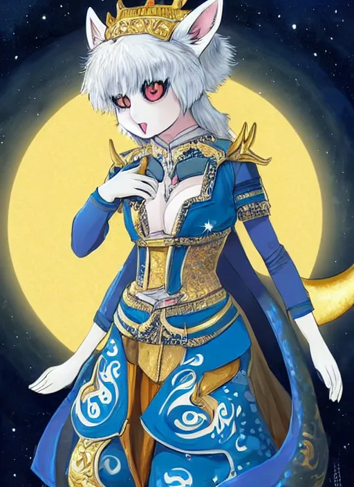 Image similar to commissioned full body portrait of a female anthro wolf princess fursona with a wolf head and white hair wearing a blue and gold Japanese armored dress in a white and gold palace on a starry night with a large crescent moon, by a professional manga illustrator, by Kilian Eng, by Sandra Chevrier, trending on artstation