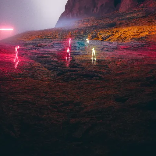 Image similar to unsplash contest winning photo, a giant crowd of realistic shiny reflective chrome men, inside a colorful dramatic unique rocky western landscape, low fog, giant neon light