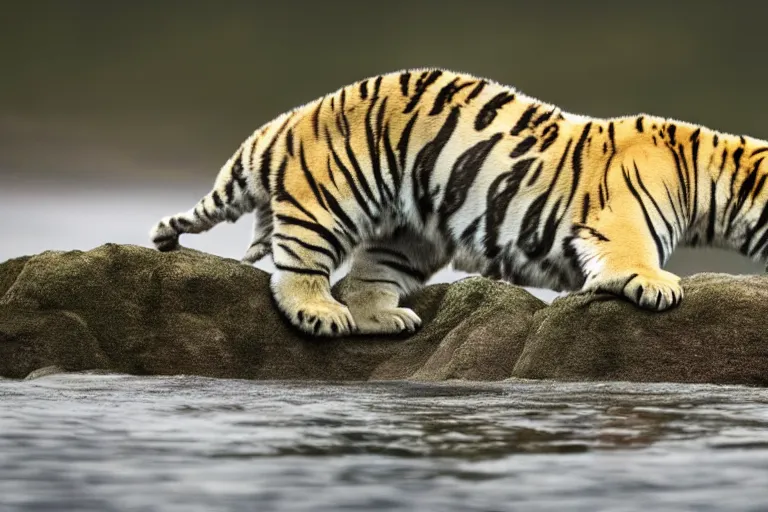 Image similar to a tiger polar bear!!! hybrid! hyper realistic!! realistic lighting!! wildlife photographer of the year!!! bold natural colors, national geographic, hd, wide angle, 8 k