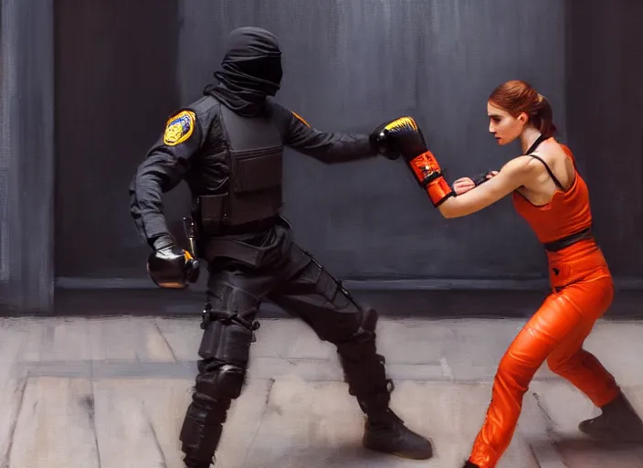 Image similar to Maria fights sgt Nash. Cyberpunk hacker in orange jumpsuit fighting menacing police troopers (blade runner 2049). beautiful face. kickboxing. Orientalist portrait by john william waterhouse and James Gurney and Theodore Ralli and Nasreddine Dinet, oil on canvas. Cinematic, hyper realism, realistic proportions, dramatic lighting, high detail 4k