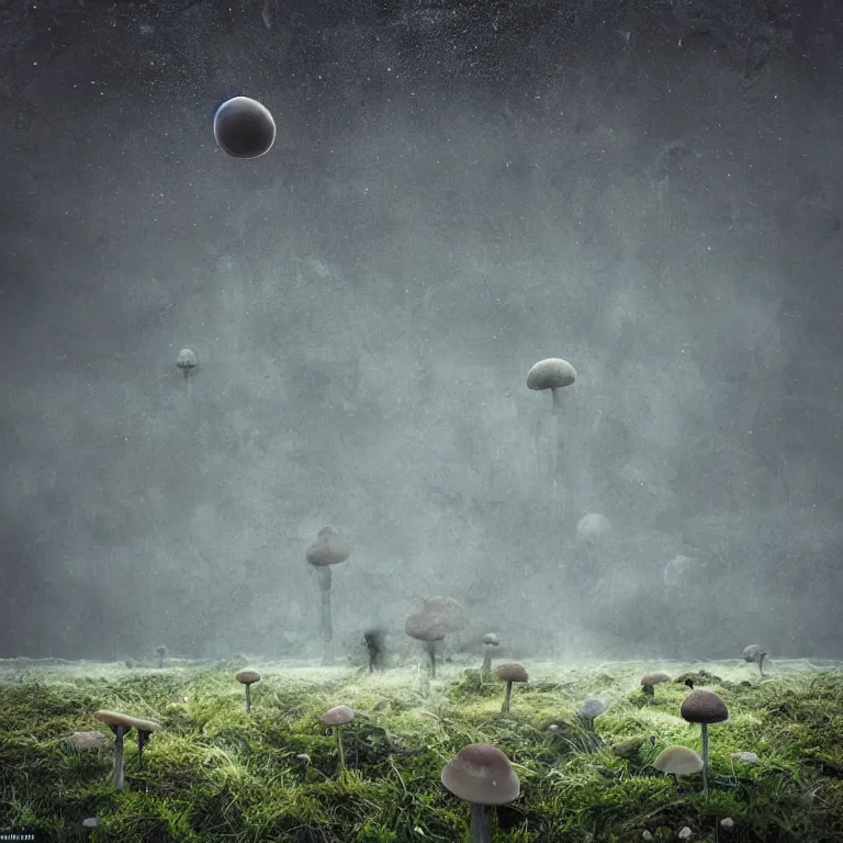 Image similar to a planet of various fungus, mushrooms and plants, inside the picture is infinity, Atmospheric phenomenon, artistic photography, muted colors, conceptual, long exposure outside the city, volumetric light