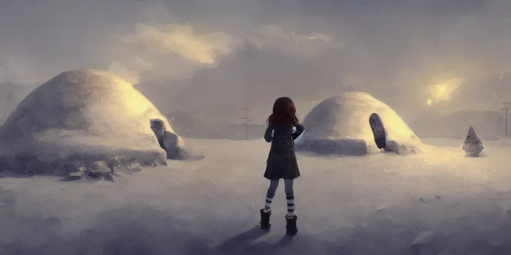 Image similar to young girl back to us in front of an igloo in the tundra, mysterious matte painting by makoto shinkai and craig mullins, trending on artstation