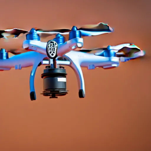 Image similar to industrial extrusion nozzle on flying radio controlled drone, extruding a clay mixture, in the australian desert, XF IQ4, 150MP, 50mm, F1.4, ISO 200, 1/160s, dawn