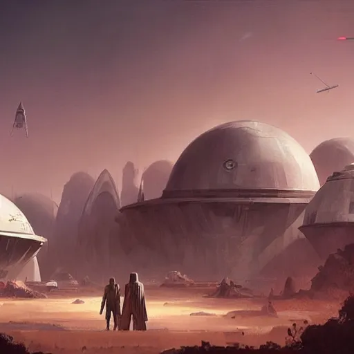 Image similar to star wars concept art by greg rutkowski, brutalist looking domes in the middle of a savannah landscape, cinematic sunset lighting, dramatic atmosphere.