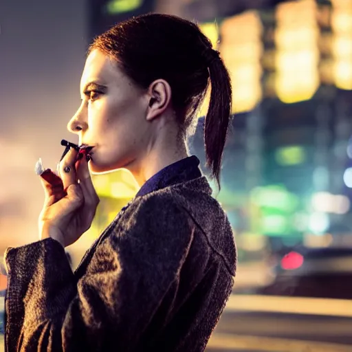 Image similar to cyberpunk woman in a city smoking a cigarette