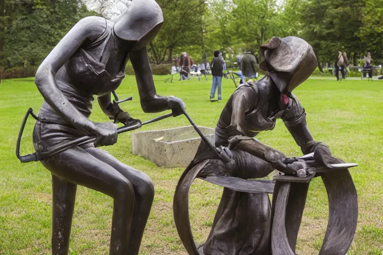 Image similar to cinematography woman welding sculpture in the park by Emmanuel Lubezki