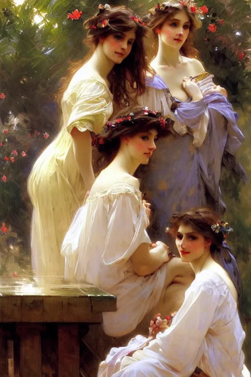 Image similar to group of ladies, painting by daniel gerhartz, alphonse mucha, bouguereau, detailed art, artstation