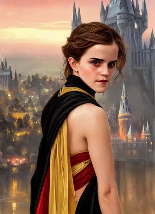Prompt: oil painting of emma watson giving seductive look wearing black robes with red and gold lining. hogwarts in background beautiful detailed face. by artgerm and greg rutkowski and alphonse mucha