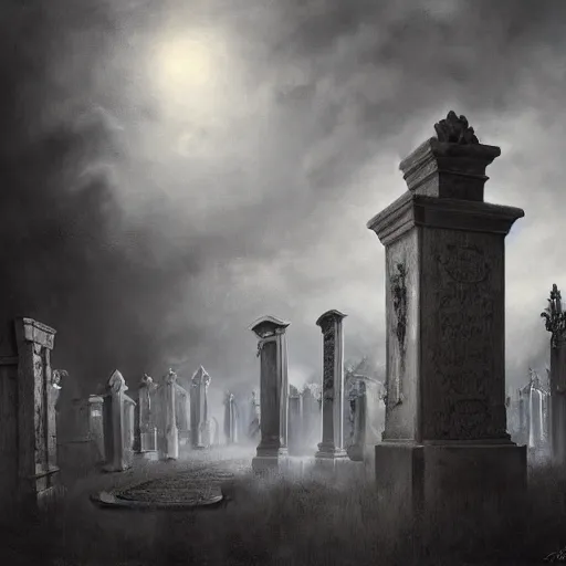 Prompt: By Tom Bagshaw and Boris Vallejo, ultra realist soft painting of a cemetery by night, centered fading Muerte fully dressed, horror, omnious sky, symmetry accurate features, very intricate details, black and white, volumetric light clouds