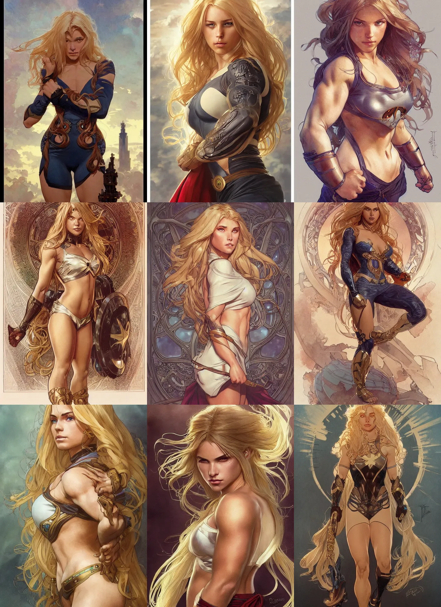 Image similar to a very muscled and young superhero girl with a focused face and extremely long blonde wavy hair, intricate detailed face, artgerm, greg rutkowski, alphonse mucha