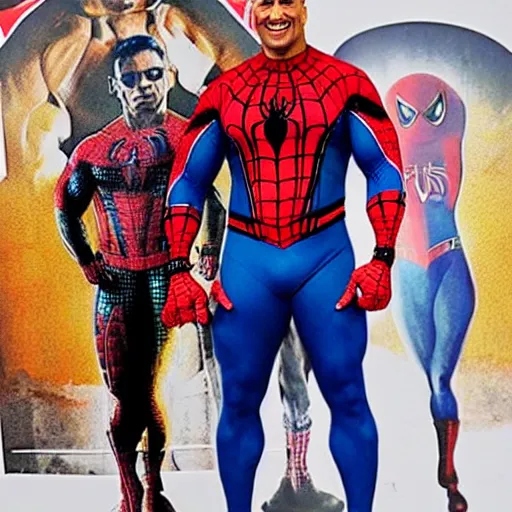 Image similar to Dwayne Johnson as Spiderman wearing batik