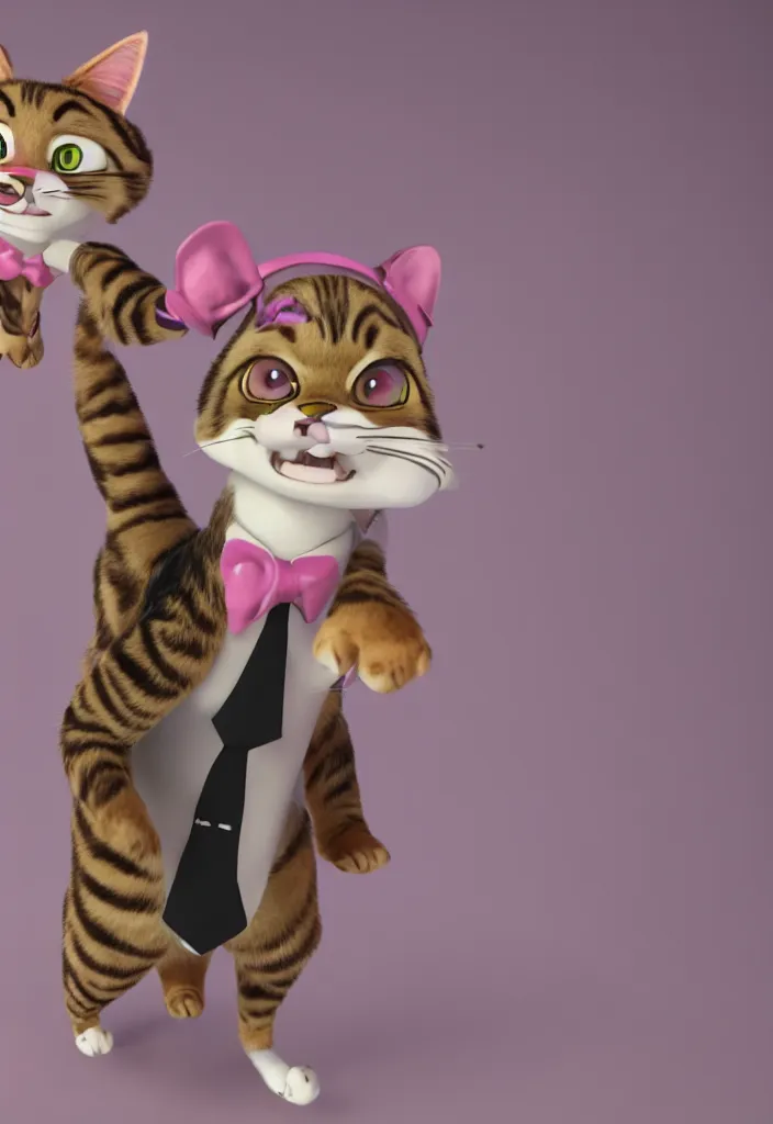 Image similar to 3d render , anthropomorphic male tabby cat,wearing a pink tux ,style of Zootopia, 8K HD Resolution, High quality image