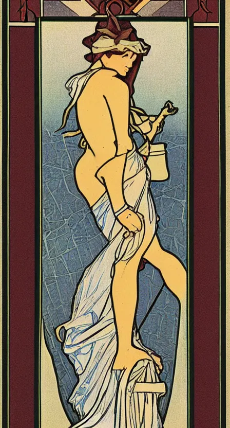 Image similar to a tarot card of a person walking off a cliff and carrying a hobo sack, illustrated in an art deco style by tamara de lempika and an elegant border by alphonse mucha.