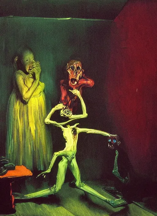 Image similar to two dark figures laughing and a glowing child inside a decayed contemporary living room with large tree in the style of Francis Bacon and Zdzislaw Beksinski, Edward Hopper and Norman Rockwell, highly detailed, very coherent, triadic color scheme
