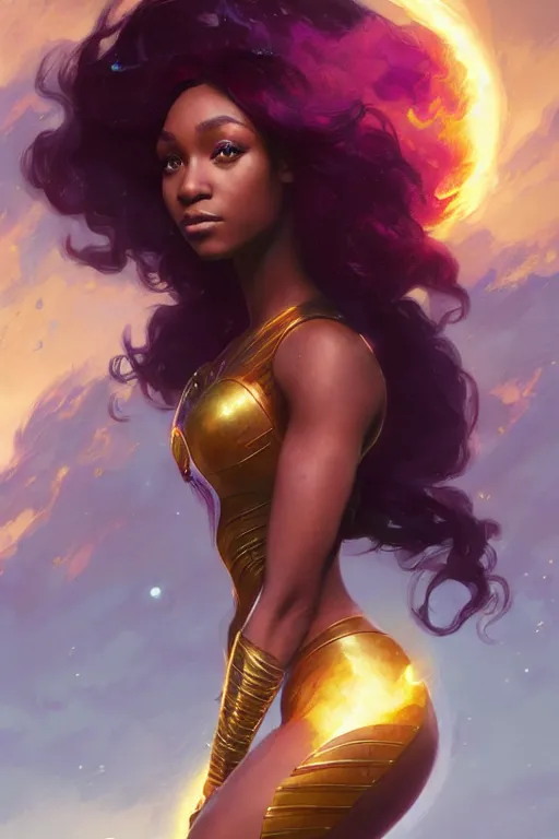 Prompt: normani as starfire profile picture by Greg Rutkowski, dynamic pose, matte painting, intricate, fantasy concept art, elegant, by Stanley Artgerm Lau, WLOP, golden ratio, thomas kindkade, alphonse mucha, loish, norman Rockwell,