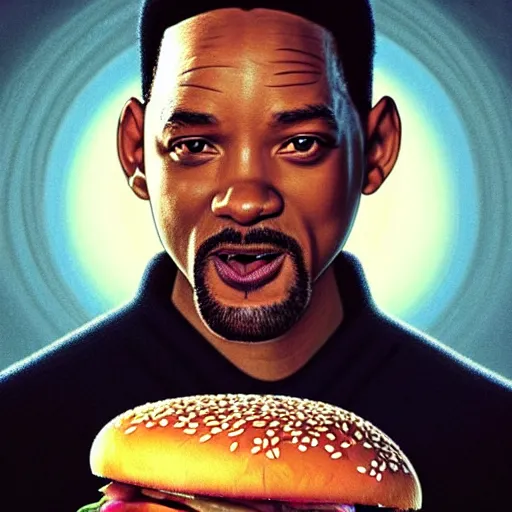 Prompt: portrait of Will Smith licking hamburger, extra onions and ketchup, luscious patty with sesame seeds, feminine ethereal, delicate fingers, subsurface scattering skin, handsome, D&D, fantasy, intricate, elegant, highly detailed, digital painting, artstation, concept art, matte, sharp focus, illustration, art by Artgerm and Greg Rutkowski and Alphonse Mucha