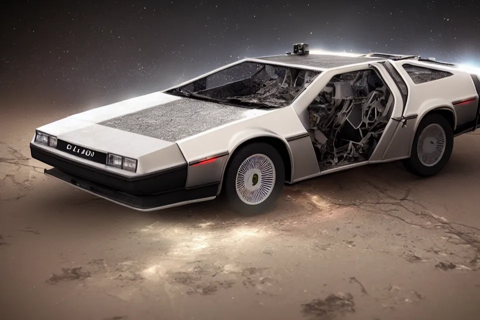 Image similar to ultra realistic delorean dmc 5 drifts on road wreckage orbiting earth in space, dark cinematic, volumetric, realistic, 3 d render, realistic render, cinematic lighting, volumetric lighting, atmospheric, cinematic, unreal engine 5, unreal engine render, octane render, hd, photorealism, hyper realistic, 8 k