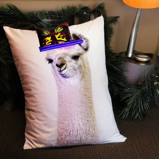 Prompt: a body pillow with a picture of a llama on it