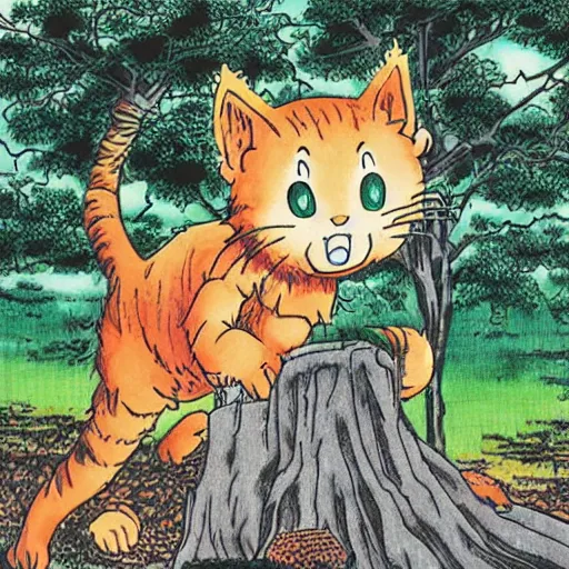 Image similar to giant kitten eating a tree art by yoshihiro togashi