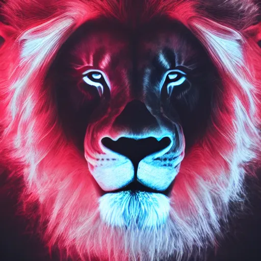 Image similar to anonymous lion face, sunny weather, closeup of face, trending on artstation, volumetric lighting, face encircled by fire, crimson - black color scheme