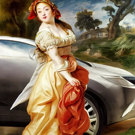 Image similar to heavenly summer sharp land sphere scallop well dressed lady standing next to a honda civic, auslese, by peter paul rubens and eugene delacroix and karol bak, hyperrealism, digital illustration, fauvist, standing next to a honda civic