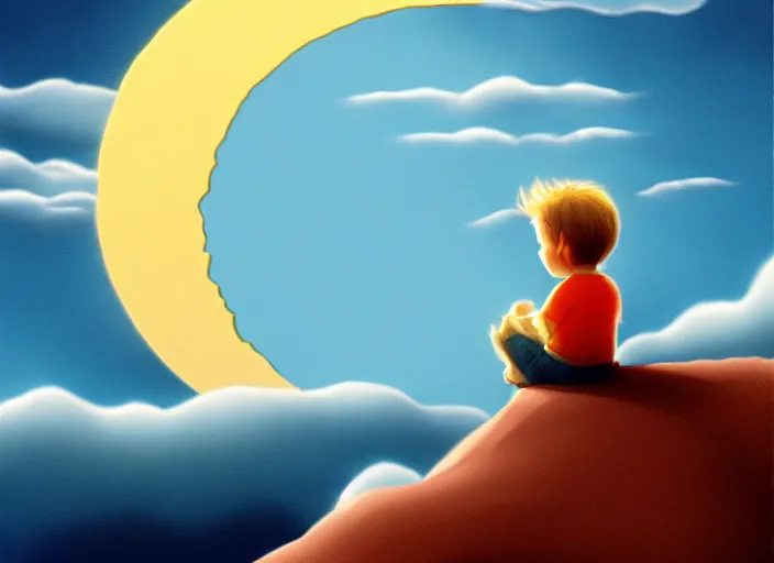 Prompt: Child sitting on the edge of the crescent moon above the clouds, by Dreamworks